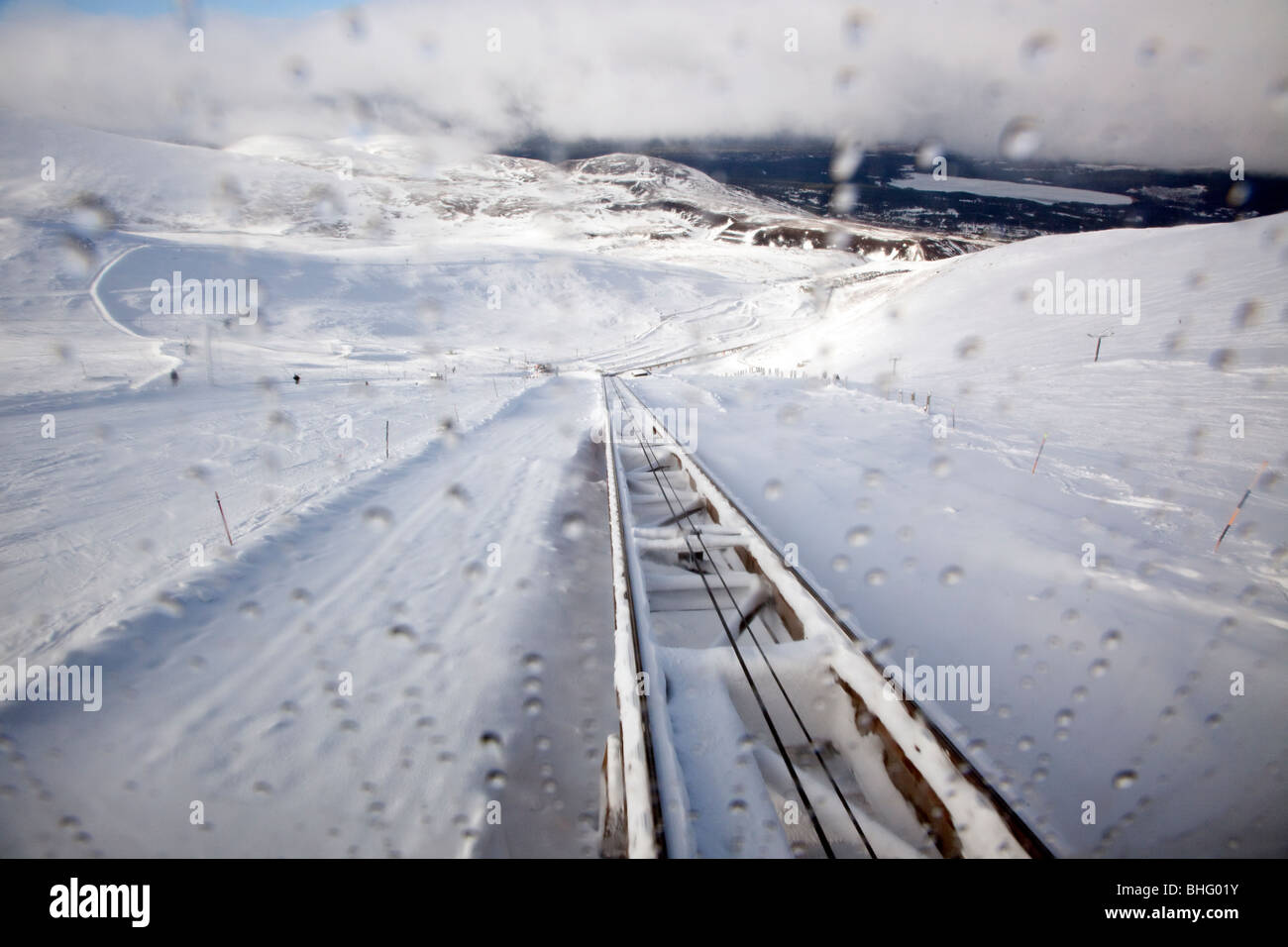 A view along the tracks of the Funicular railway at Aviemore in the Cairngorm Mountains, Scotland, UK. Stock Photo