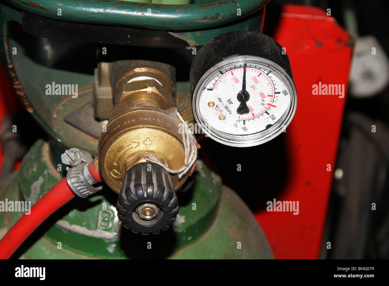 Gas welding bottle valve and gas pressure indicator gauge Stock Photo