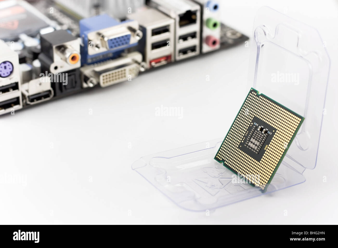 Computer processor, CPU for LGA 775 socket and motherboard Stock Photo