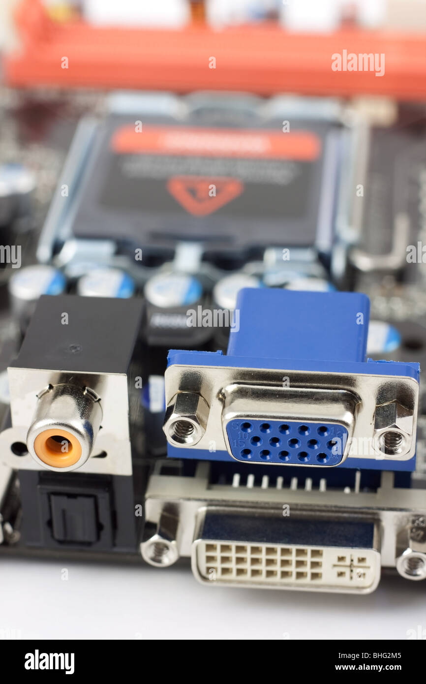 Computer mainboard ports: SPDIF, coaxial, optical, VGA, DVI Stock Photo