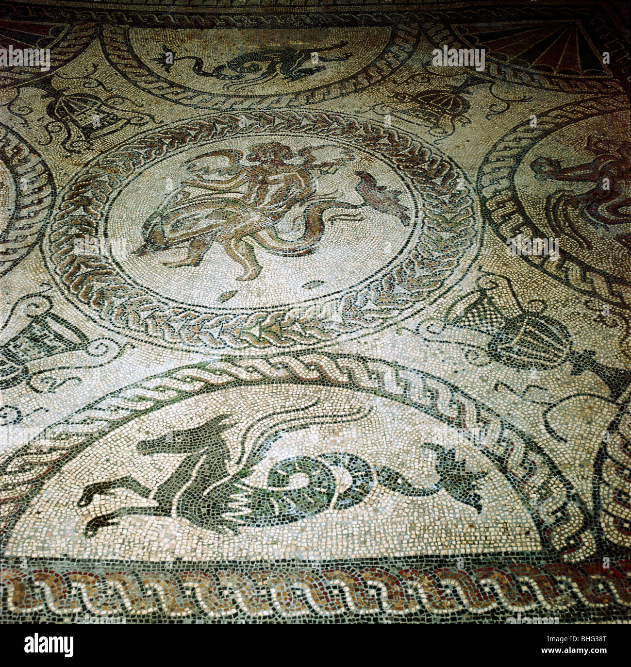 Seahorse and Cupid on Dolphin mosaic, Fishbourne Roman Villa, Sussex. Artist: Unknown Stock Photo