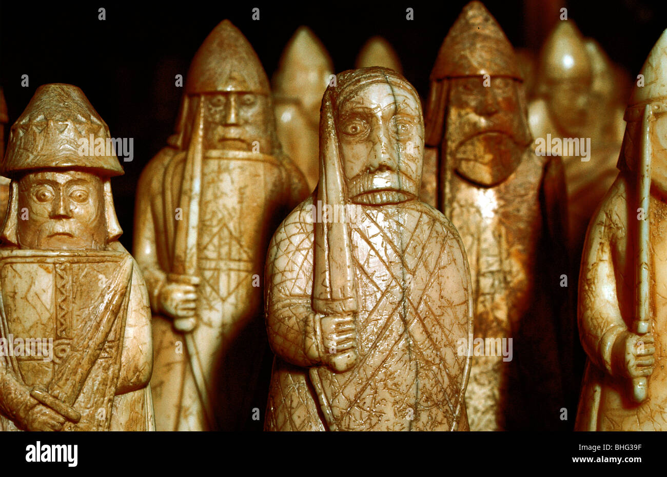 Norse chessmen, from a Viking hoard, Isle of Lewis, Scotland. Artist: Unknown Stock Photo