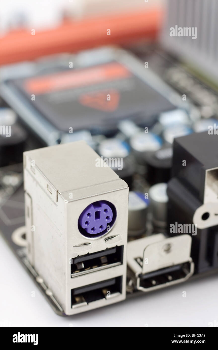 Keyword, mouse, PS/2, USB, HDMI, ports on the computer mainboard Stock Photo