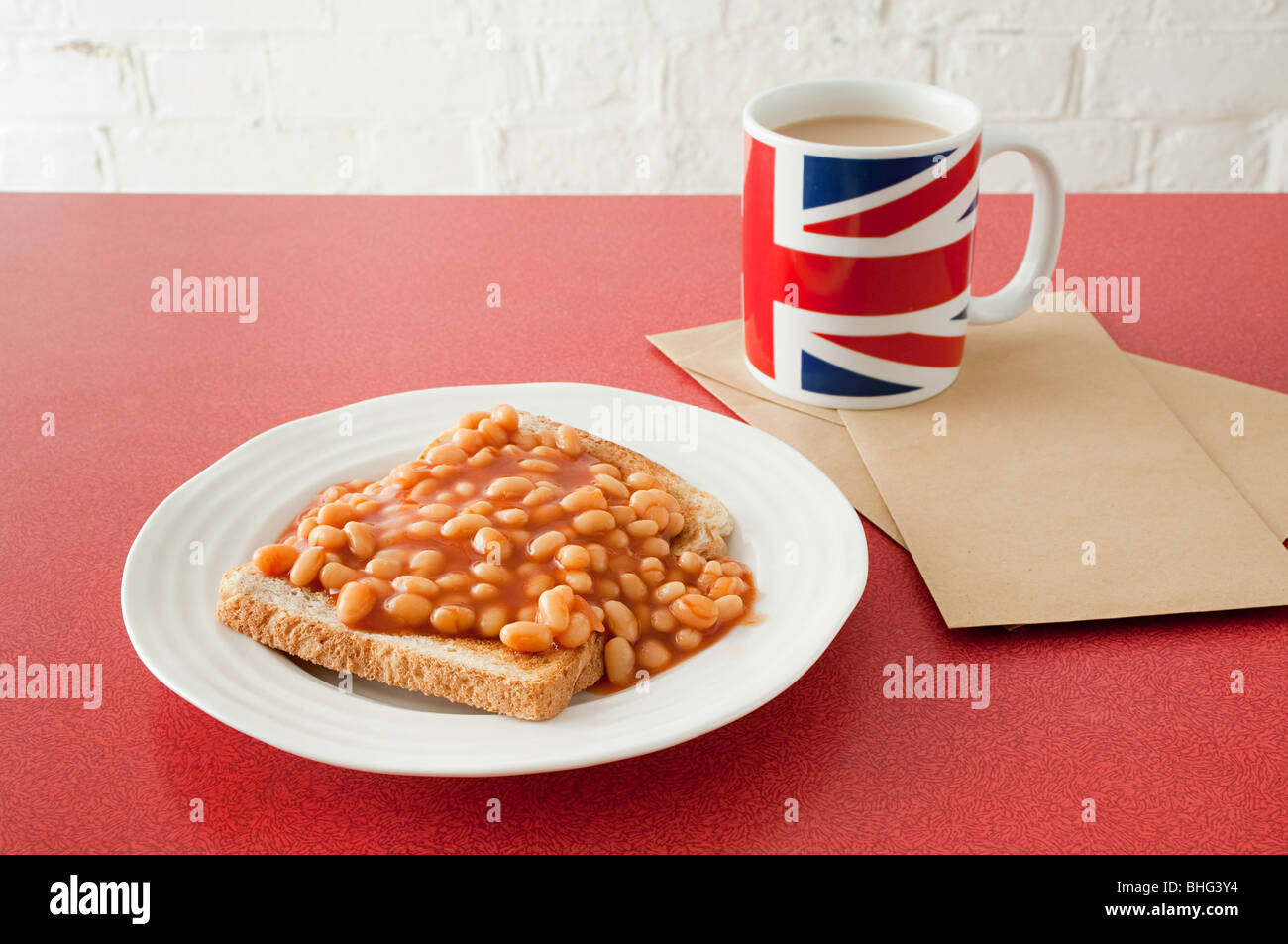 Beans on toast and tea Stock Photo