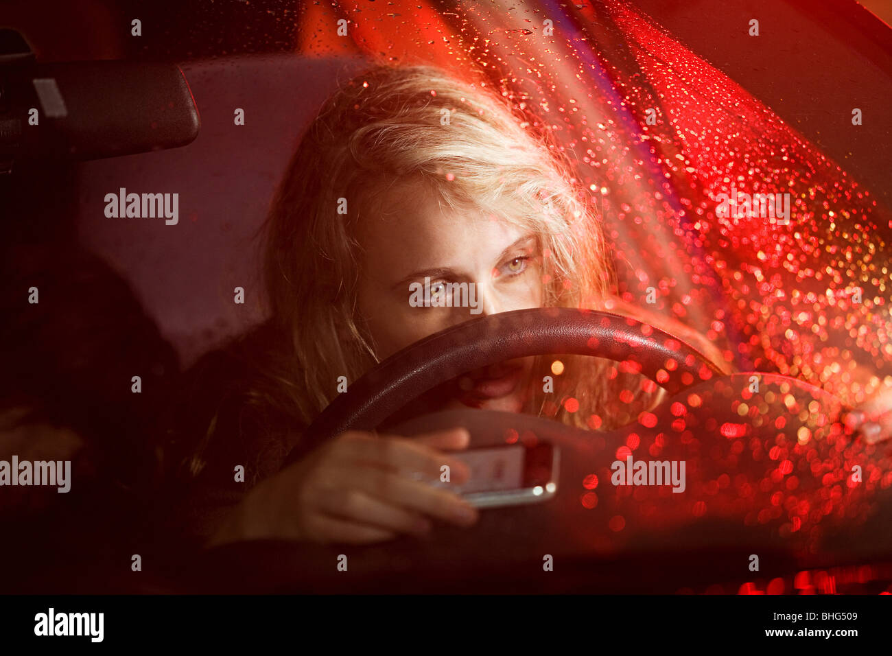 Young woman in car accident Stock Photo
