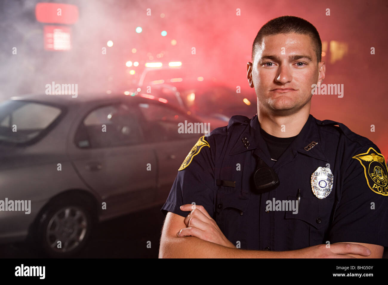 Police officer at scene of accident Stock Photo