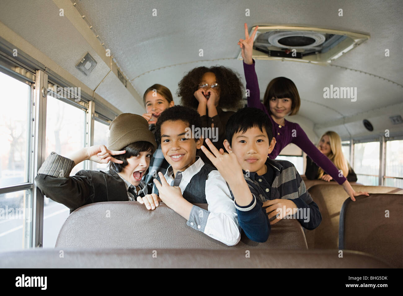 Children on school bus Stock Photo