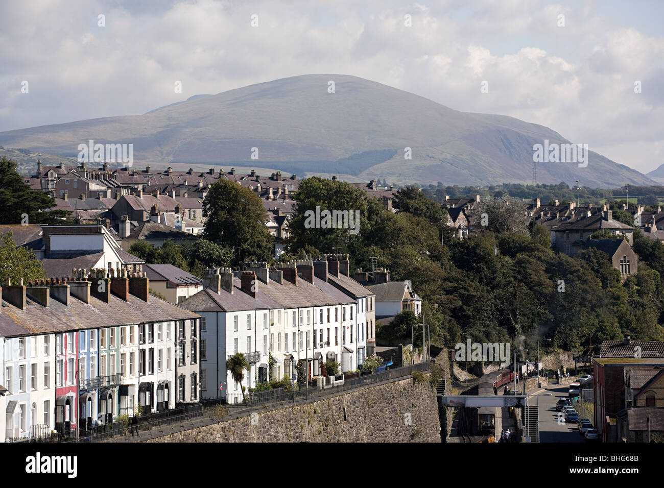 Caernarfon with Snowdonia in the background, Wales Stock Photo