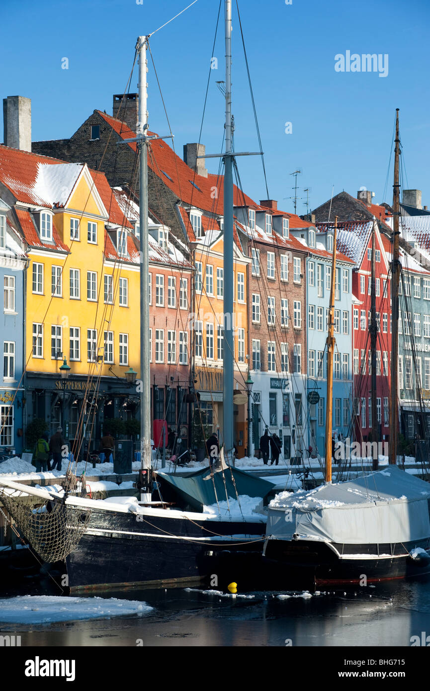Winter view of famous Nyhavn harbour area in Copenhagen Denmark Stock