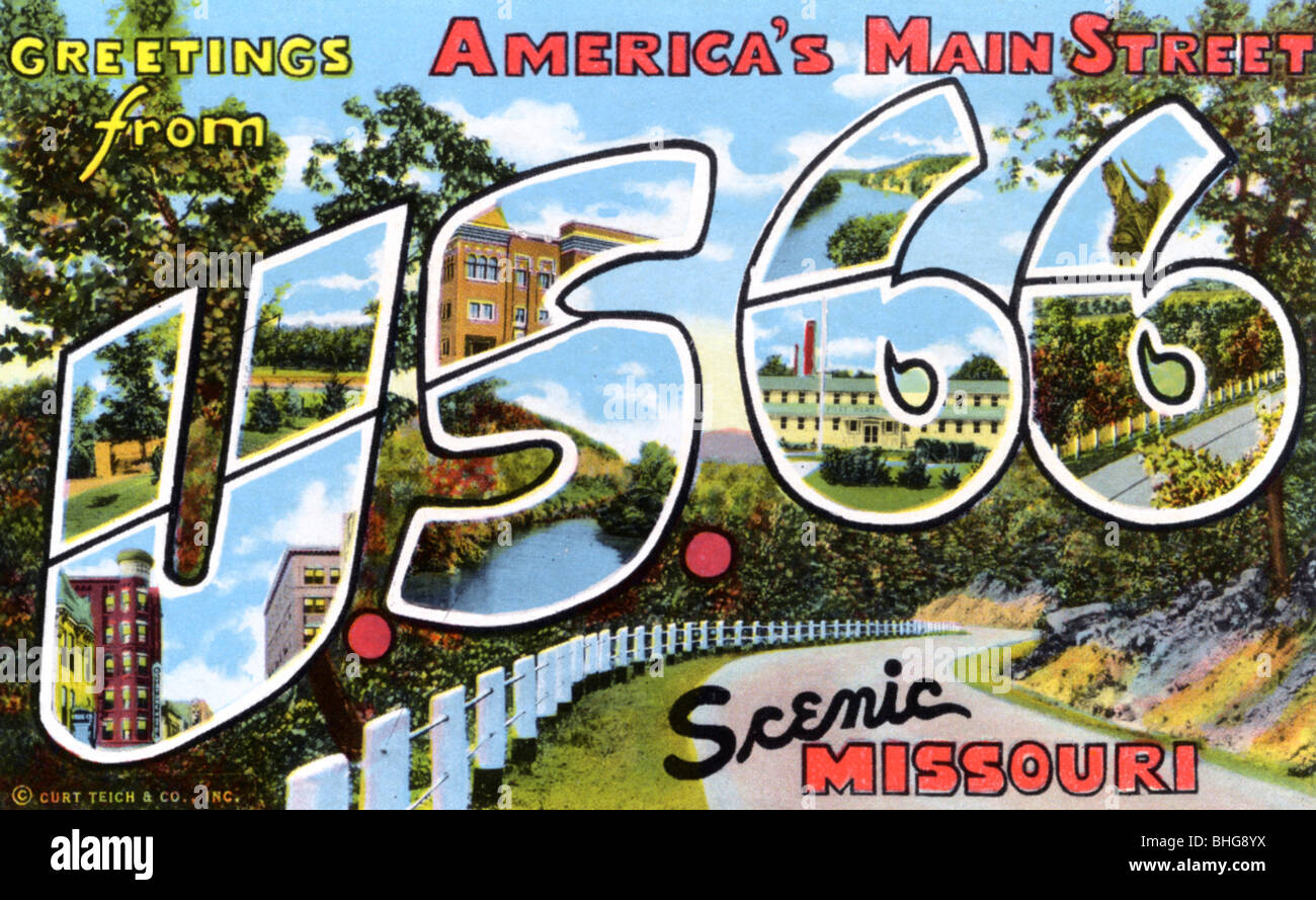 'Greetings from America's Main Street, US 66, Scenic Missouri', postcard, 1945. Artist: Unknown Stock Photo