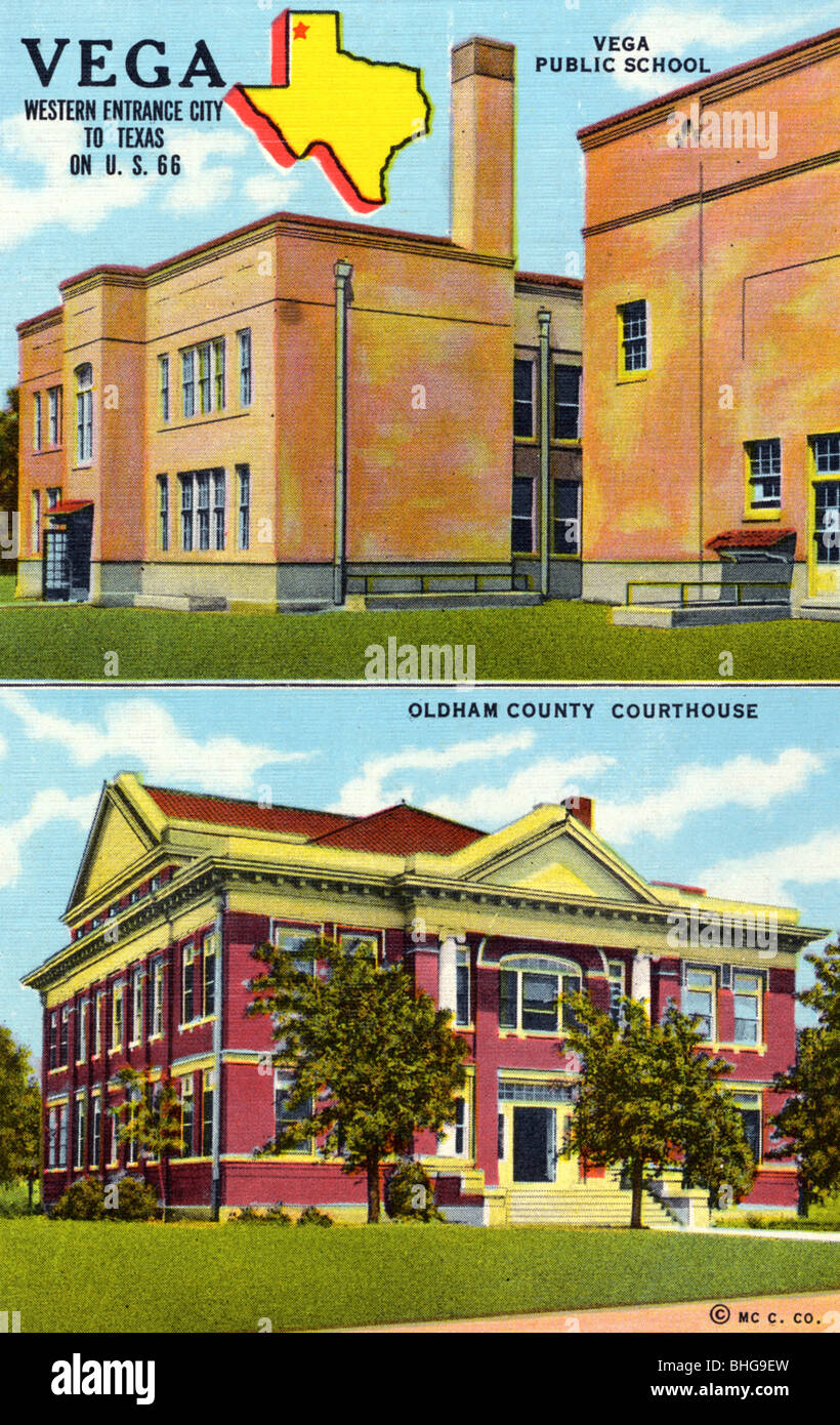 'Vega, Western Entrance City to Texas on US 66', postcard, 1943. Artist