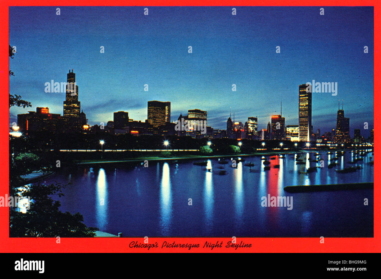 'Chicago's Picturesque Night Skyline', postcard, 1976. Artist: H Mark Weidman Stock Photo