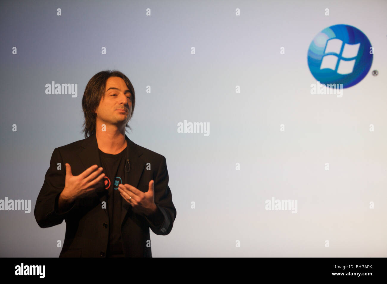 Microsoft Vice President Joe Belfiore at Mobile World Congress 2010 presents Windows Phone 7 Series Stock Photo