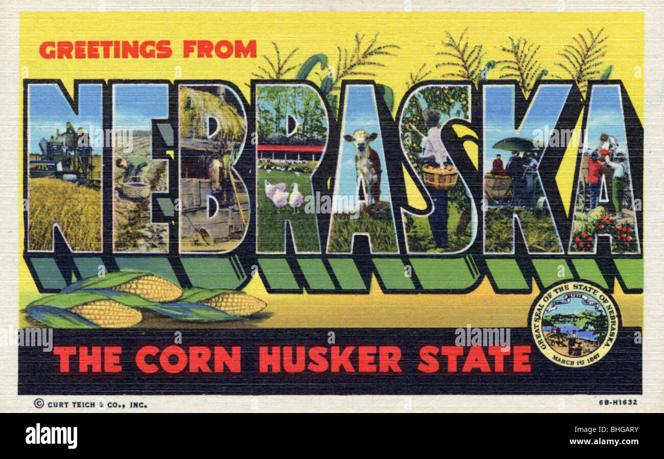 'Greetings from Nebraska, the Corn Husker State', postcard, 1946
