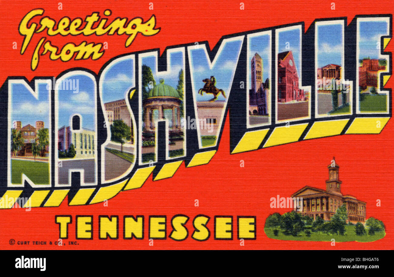 'Greetings from Nashville, Tennessee', postcard, 1956. Artist Stock