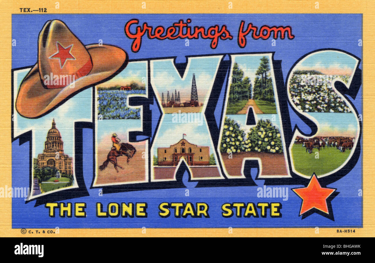 'Greetings from Texas, the Lone Star State', postcard, 1938. Artist: Unknown Stock Photo