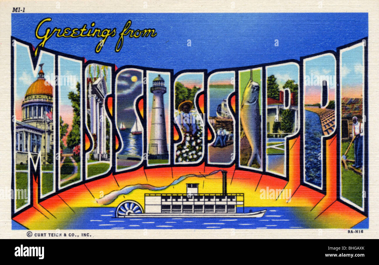'Greetings from Mississippi', postcard, 1939. Artist: Unknown Stock Photo