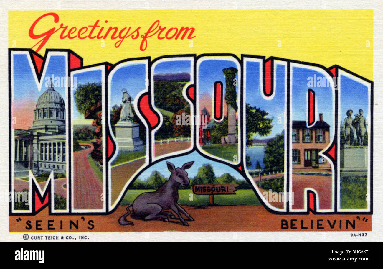 'Greetings from Missouri', postcard, 1939. Artist Unknown Stock Photo