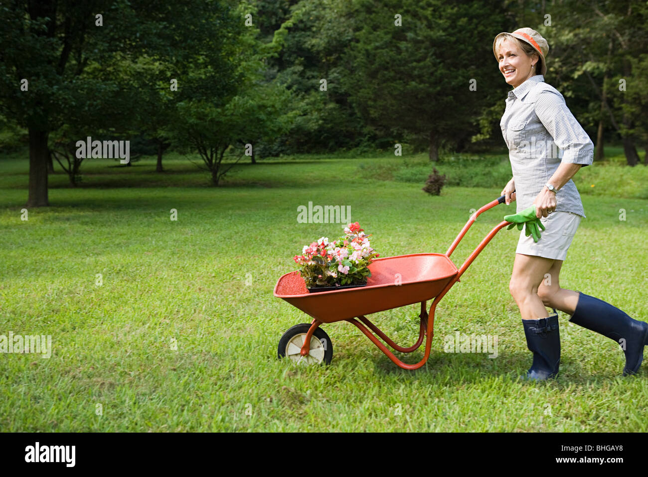 Woman with wheelbarrow of plants Stock Photo