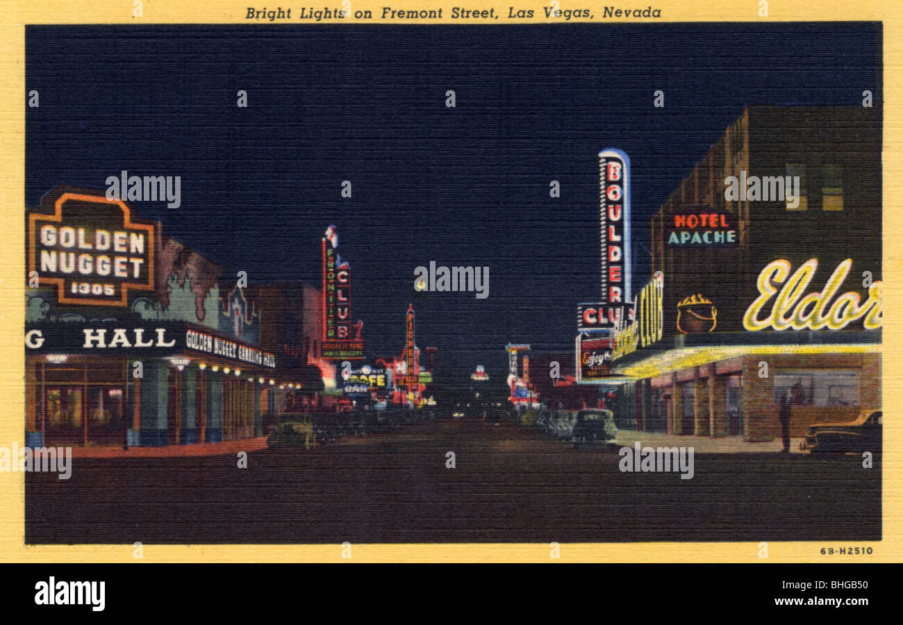 'Bright Lights on Fremont Street, Las Vegas, Nevada', postcard, 1946. Artist: Unknown Stock Photo