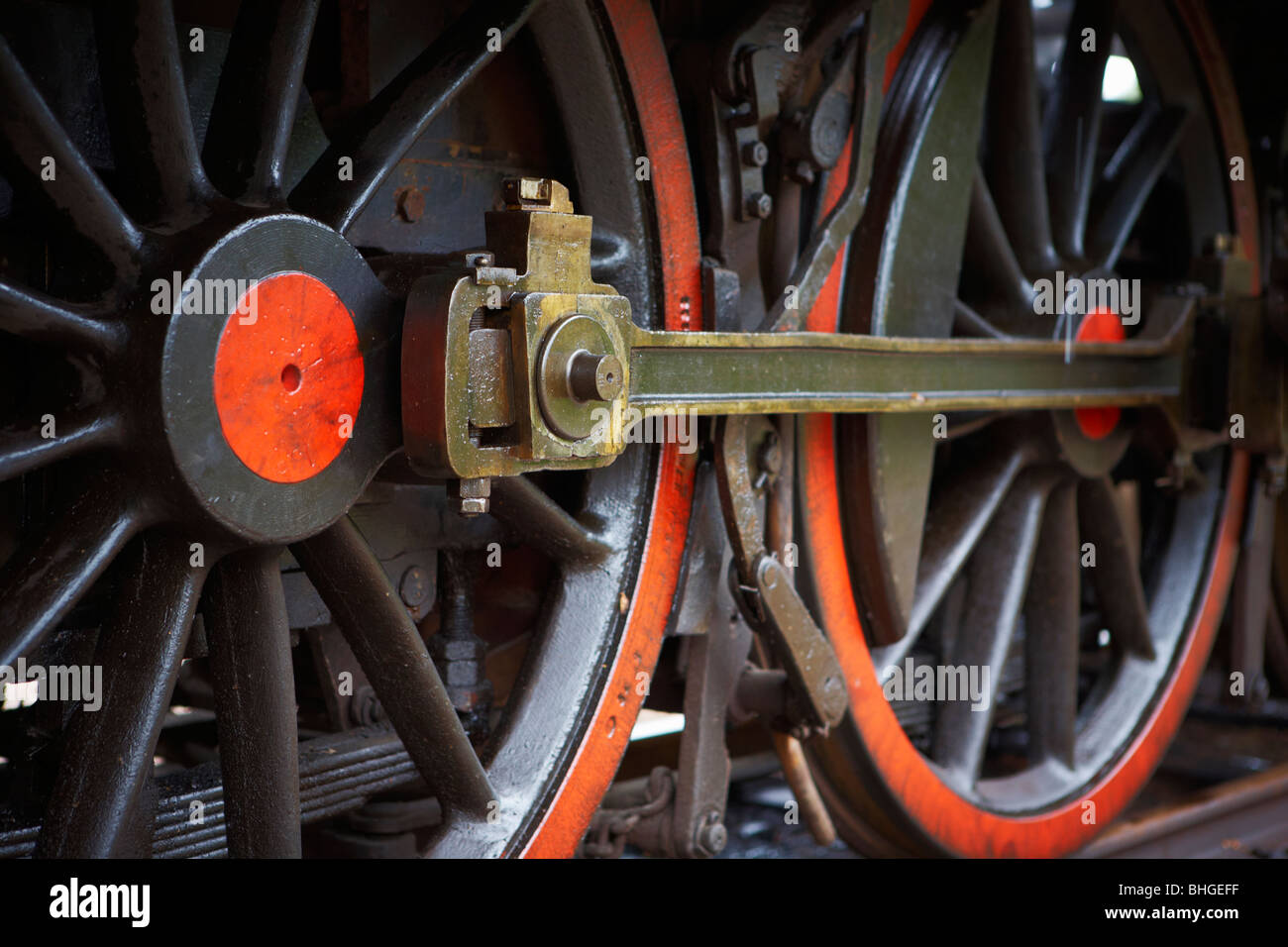 The wheels of an old black steam engine, Sweden. Stock Photo
