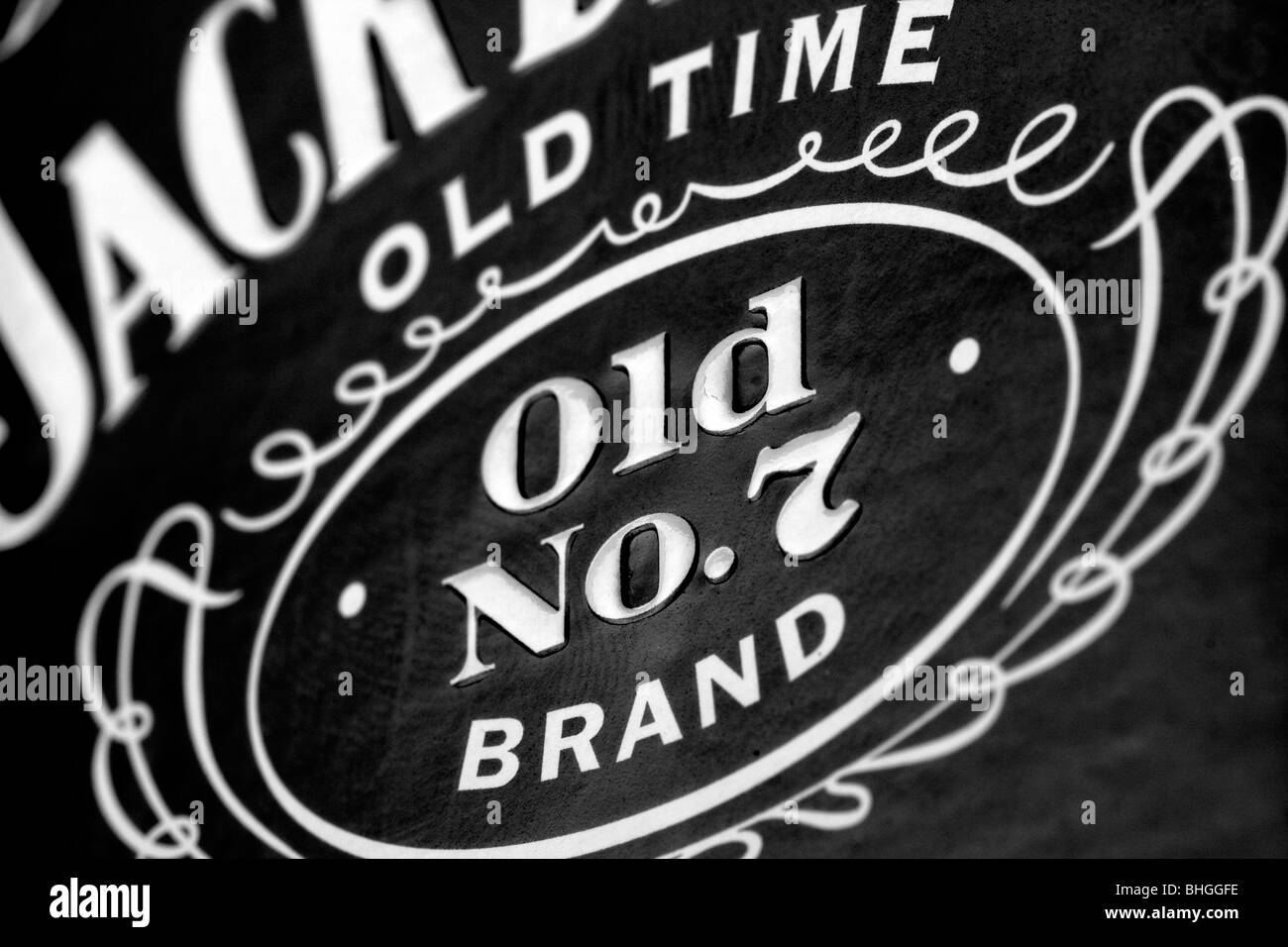 Close-up of Jack Daniels Old No.7 Brand Label Stock Photo
