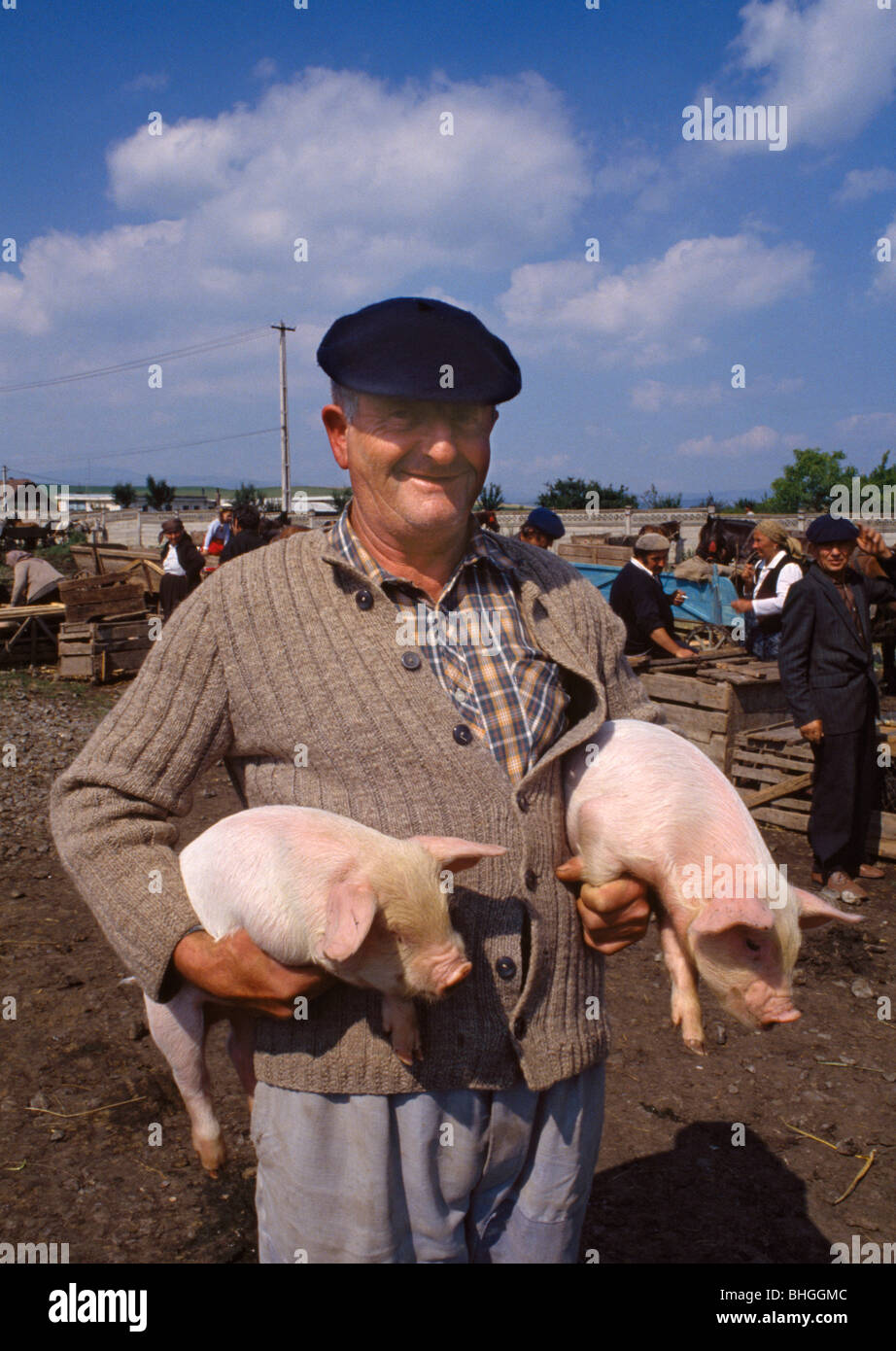 Man buying piglets at gypsy market, near Cluj-Napoca, Romania. Stock Photo