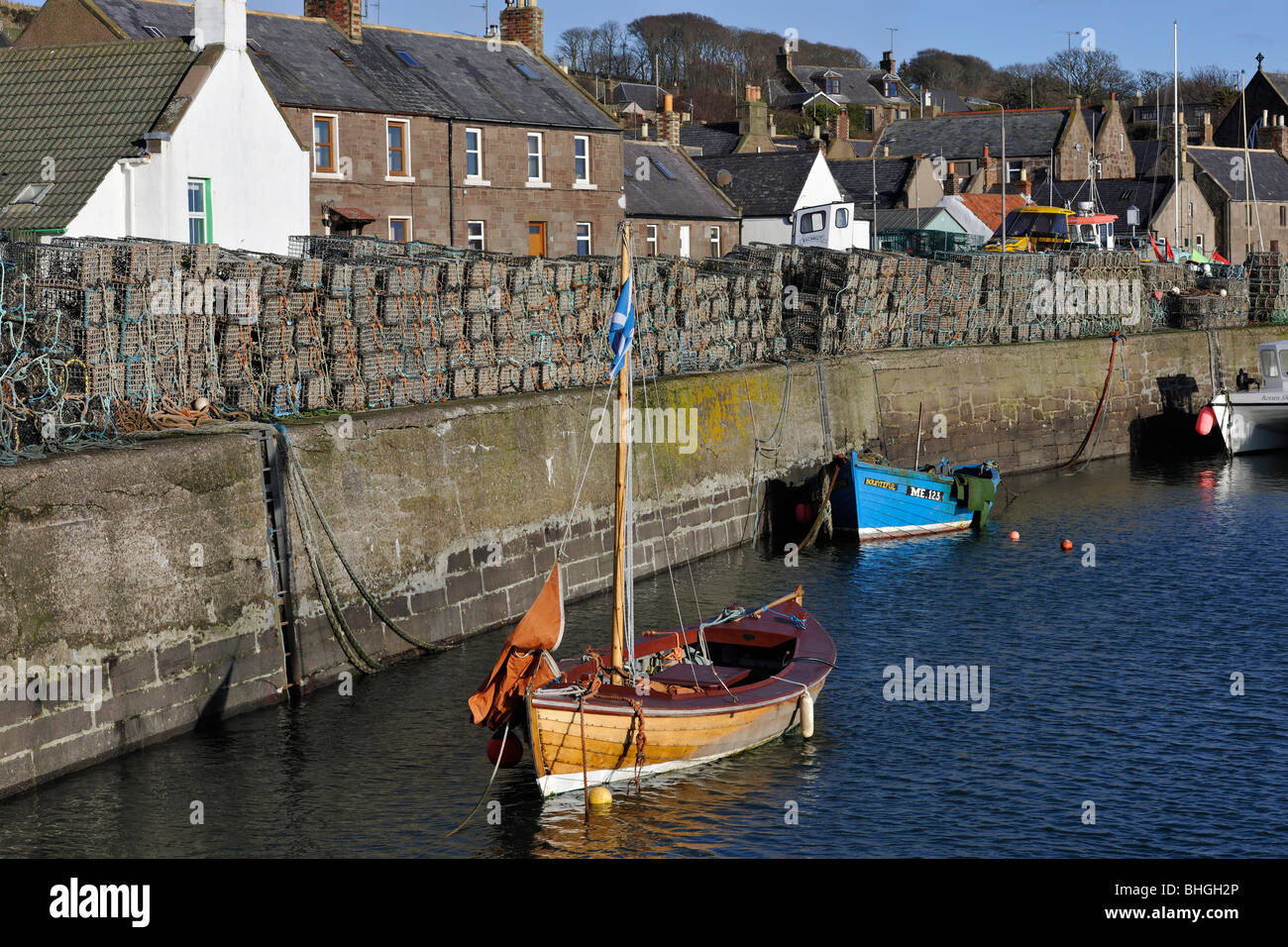 Johnshaven, Aberdeenshire, Scotland, UK; view of harbour wall. Stock Photo