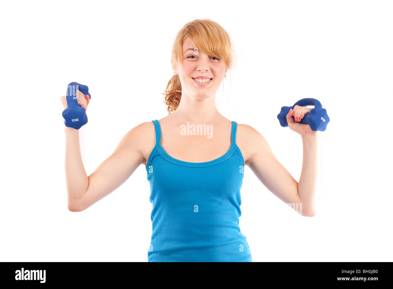 Beautiful Blonde Girl In Shorts Doing Aerobics Isolated On White Health And Sport Concept 