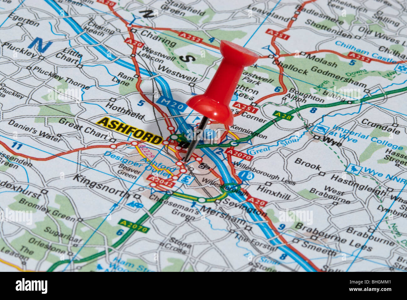 red map pin in road map pointing to city of Ashford Stock Photo