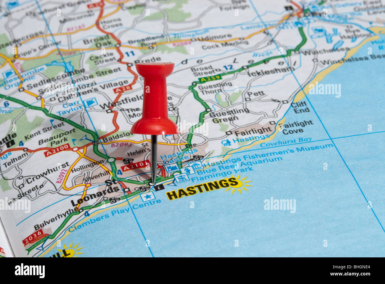 red map pin in road map pointing to city of Hastings Stock Photo Alamy