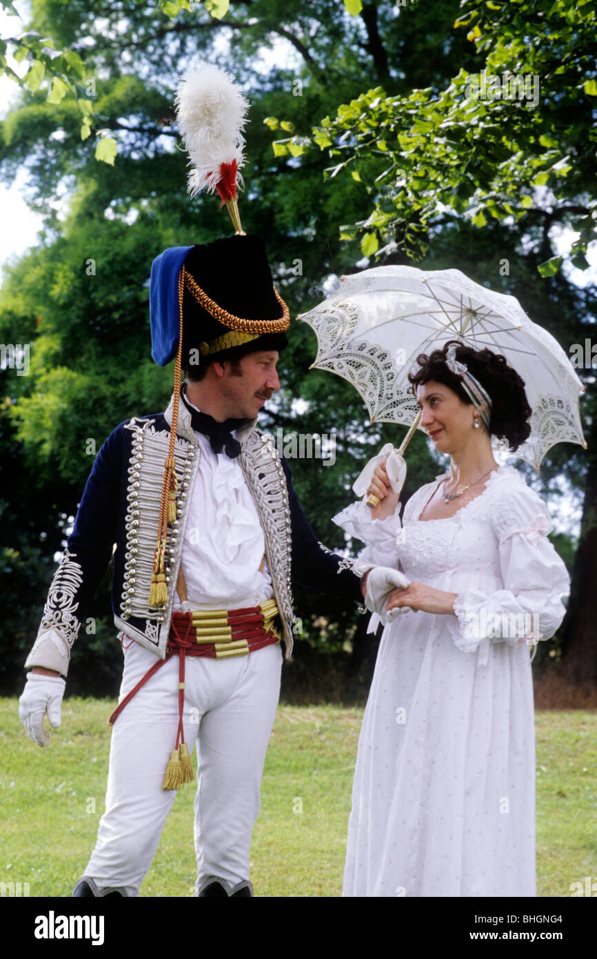 British Hussar Dragoon Officer and Lady, 1815, costume women in history English England UK fashion fashions historical Stock Photo