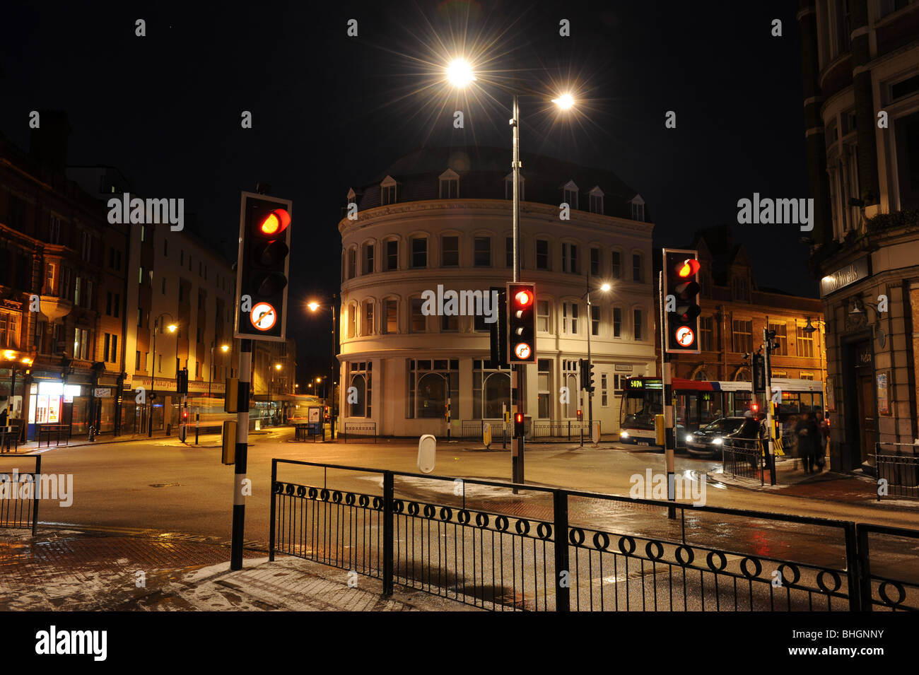 Traffic lights at night at Lichfield Street junction Wolverhampton the