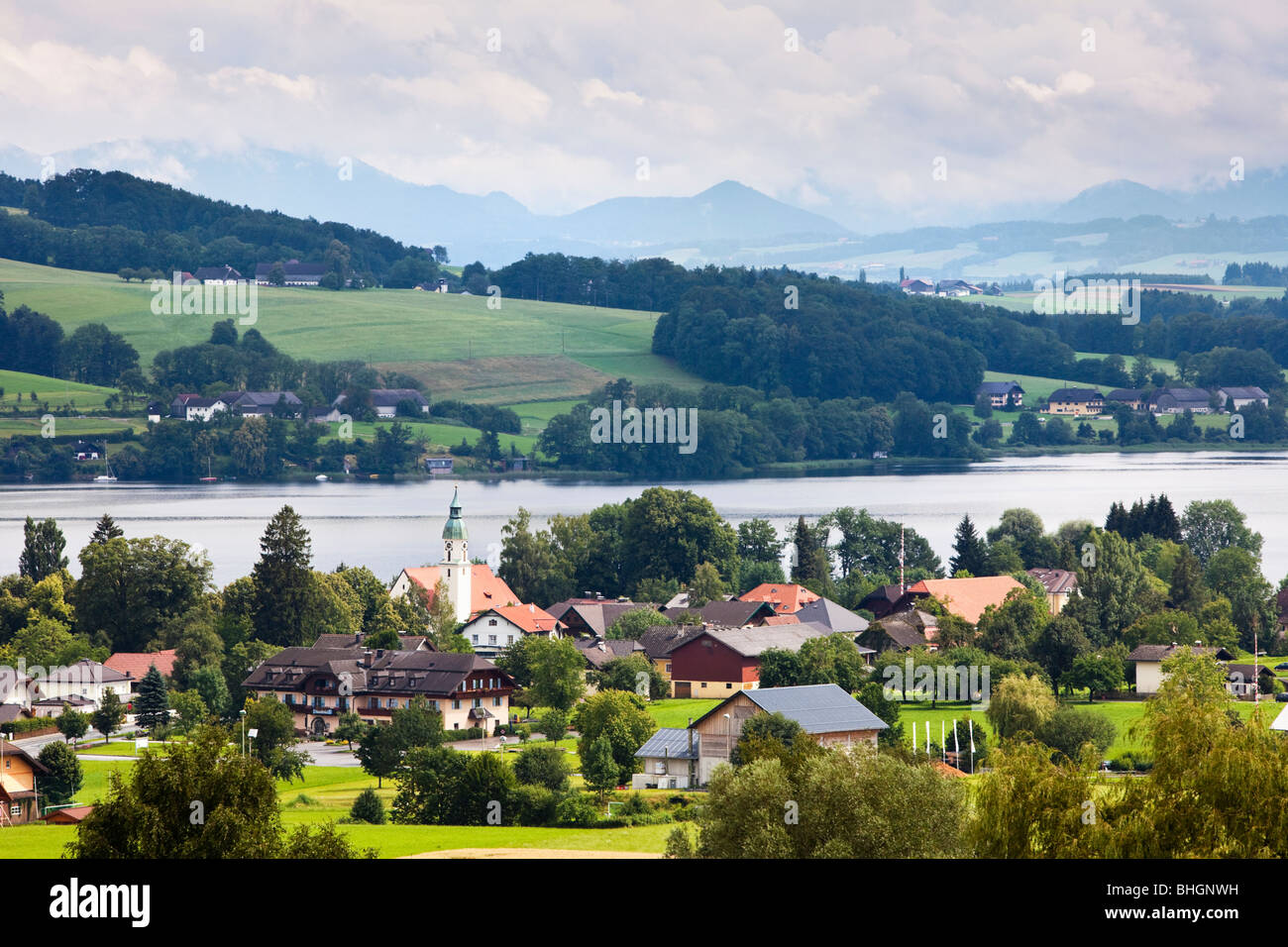 Town of Seeham and Lake Obertrumer See in the Austrian Lake District,  Austria, Europe Stock Photo