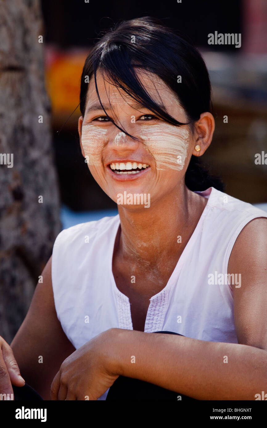 Portrait of a young girl with tanaka make-up Myanmar Burma Stock Photo