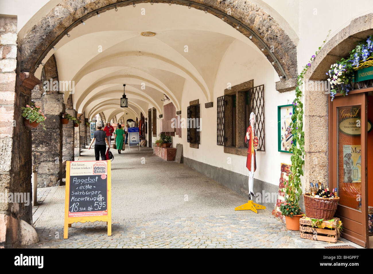 Shops underneath the arches of the old fort building in Berchtesgaden, Bavarian Alps, Germany, Europe Stock Photo