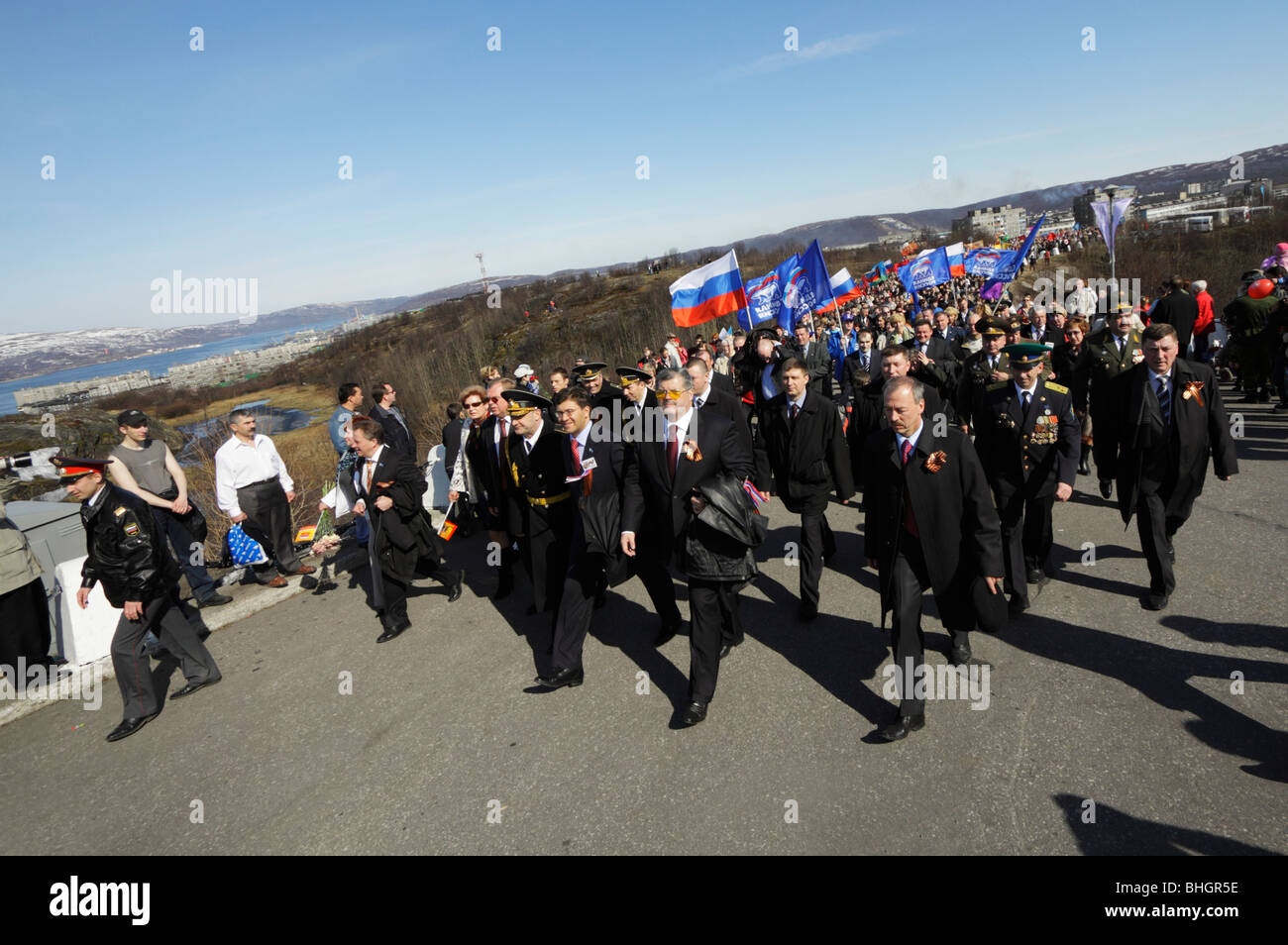 Victory Day parade, street procession. 64-th anniversary of the Soviet Union's victory over Nazi Germany in  WWII. Murmansk. Stock Photo