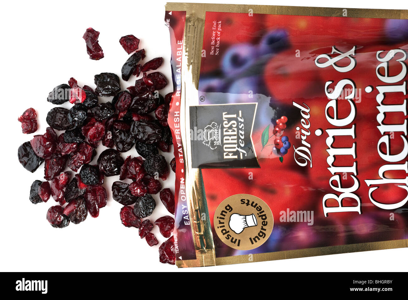 Forest feast dried berries and Cherries spilling from out of the bag