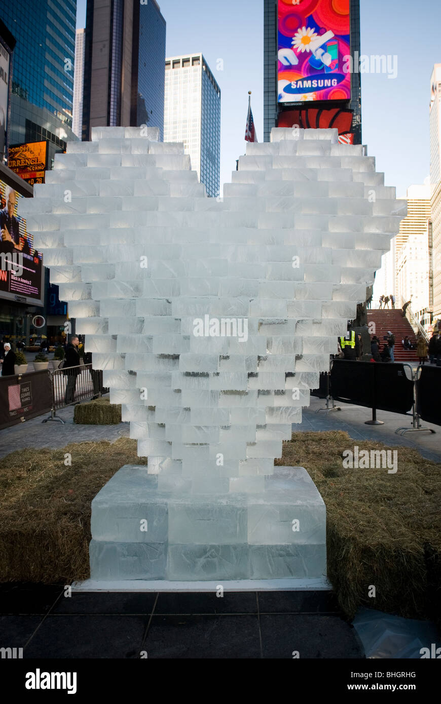 A ten foot high ice sculpture entitled 'Ice Heart' on view in Times Square in New York Stock Photo