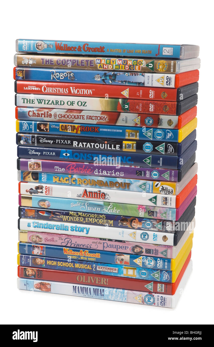 Stack of DVDs in their cases, childrens entertainment Stock Photo