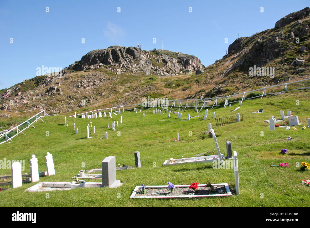 This is the small hillside graveyard in McCallum, Newfoundland Stock Photo