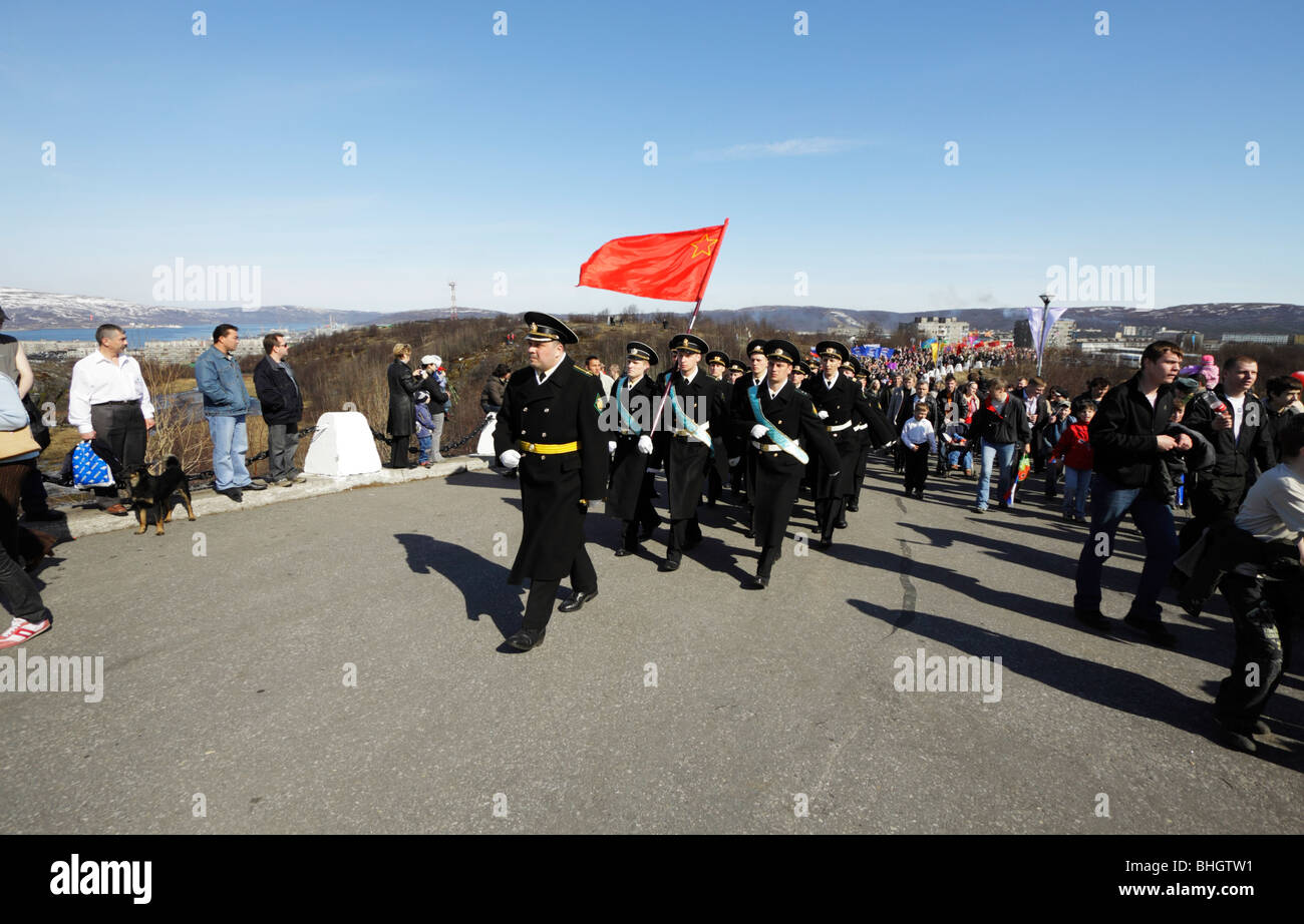Victory Day parade, street procession. 64-th anniversary of the Soviet Union's victory over Nazi Germany in  WWII. Murmansk. Stock Photo