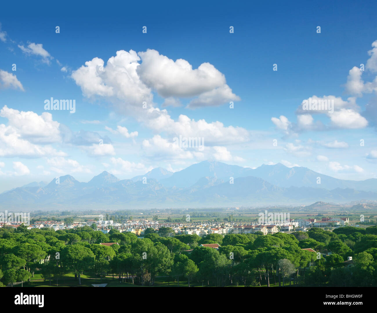 A small town on the background of mountains Stock Photo