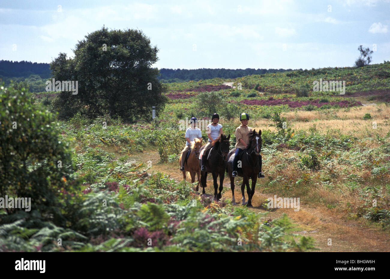 Children horse riding on heathland at Roydon Common National Nature Reserve Norfolk Aug 2000 Stock Photo