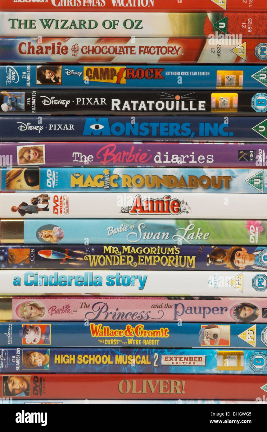 Stack of DVDs in their cases, childrens entertainment Stock Photo