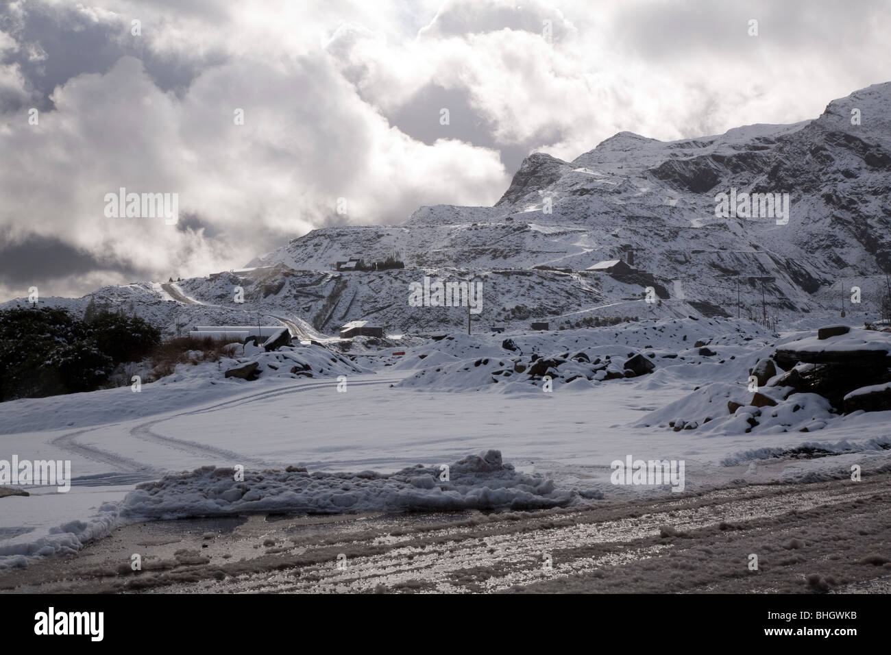 Snow covered Gloddfa Ganol slate mine in Blaenau Ffestiniog, Gwynedd