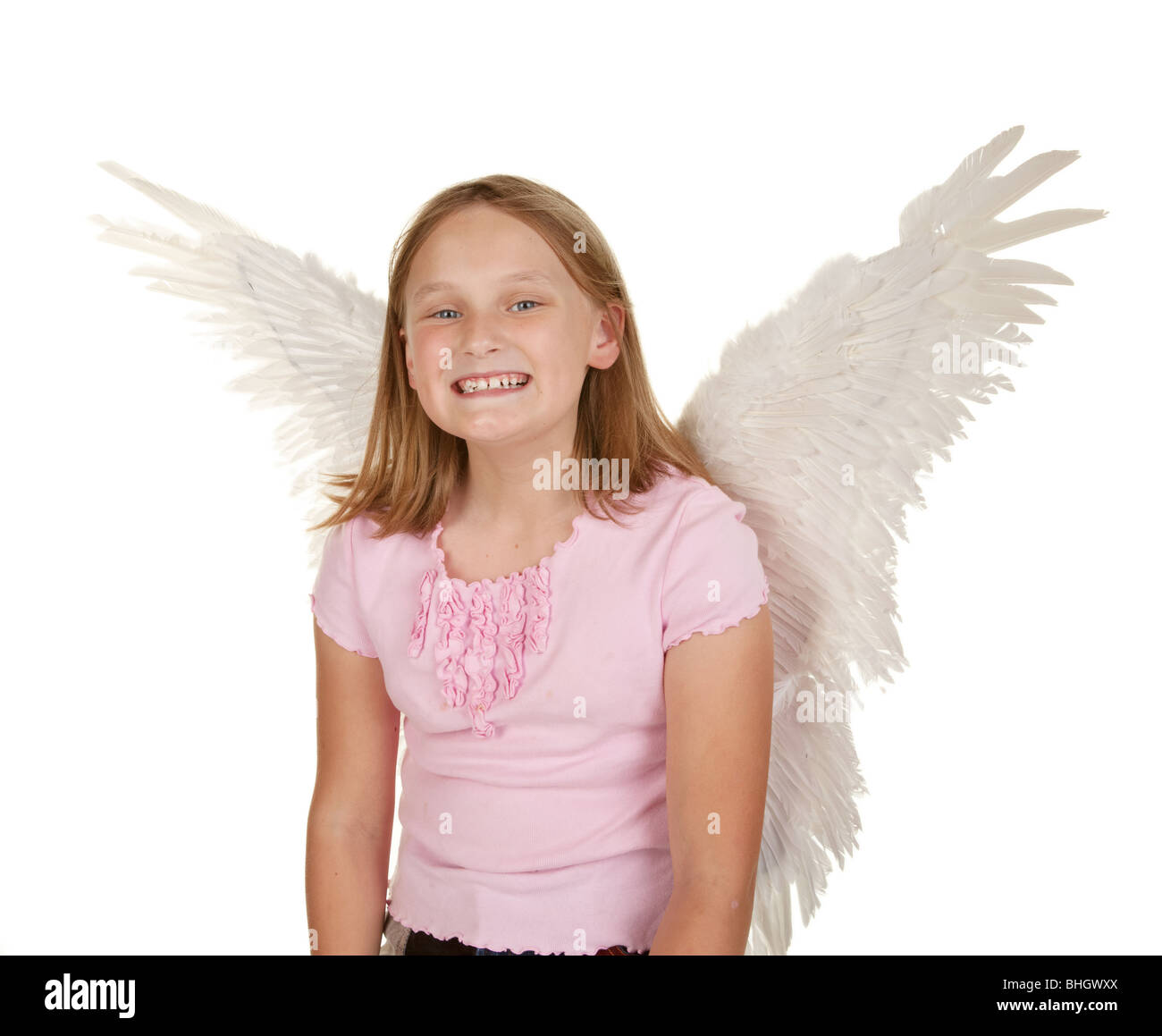young girl with angel wings isolated on white Stock Photo