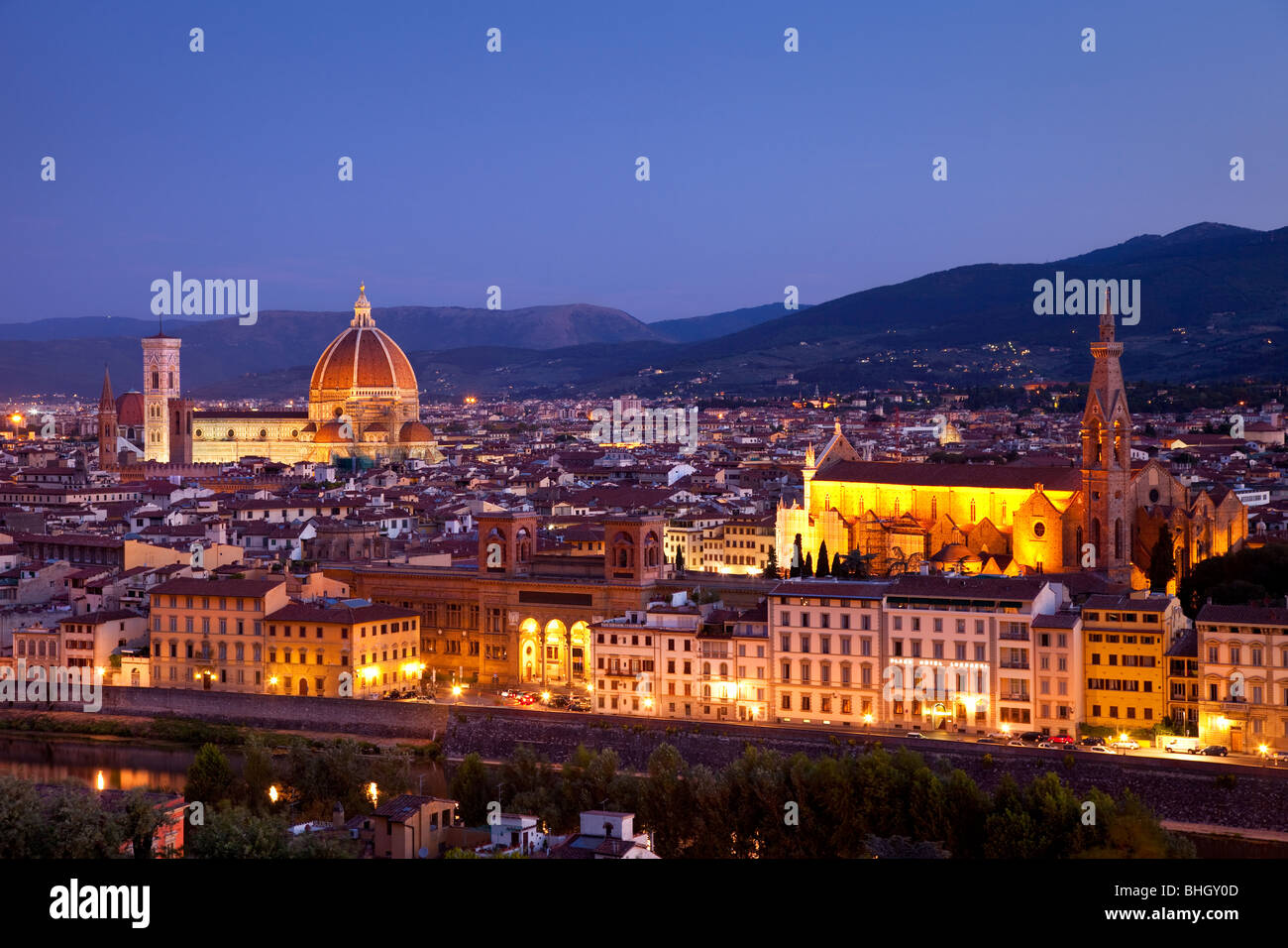 The Duomo - Santa Maria del Fiore and Basilica Santa Croce in early morning light, Florence Tuscany Italy Stock Photo