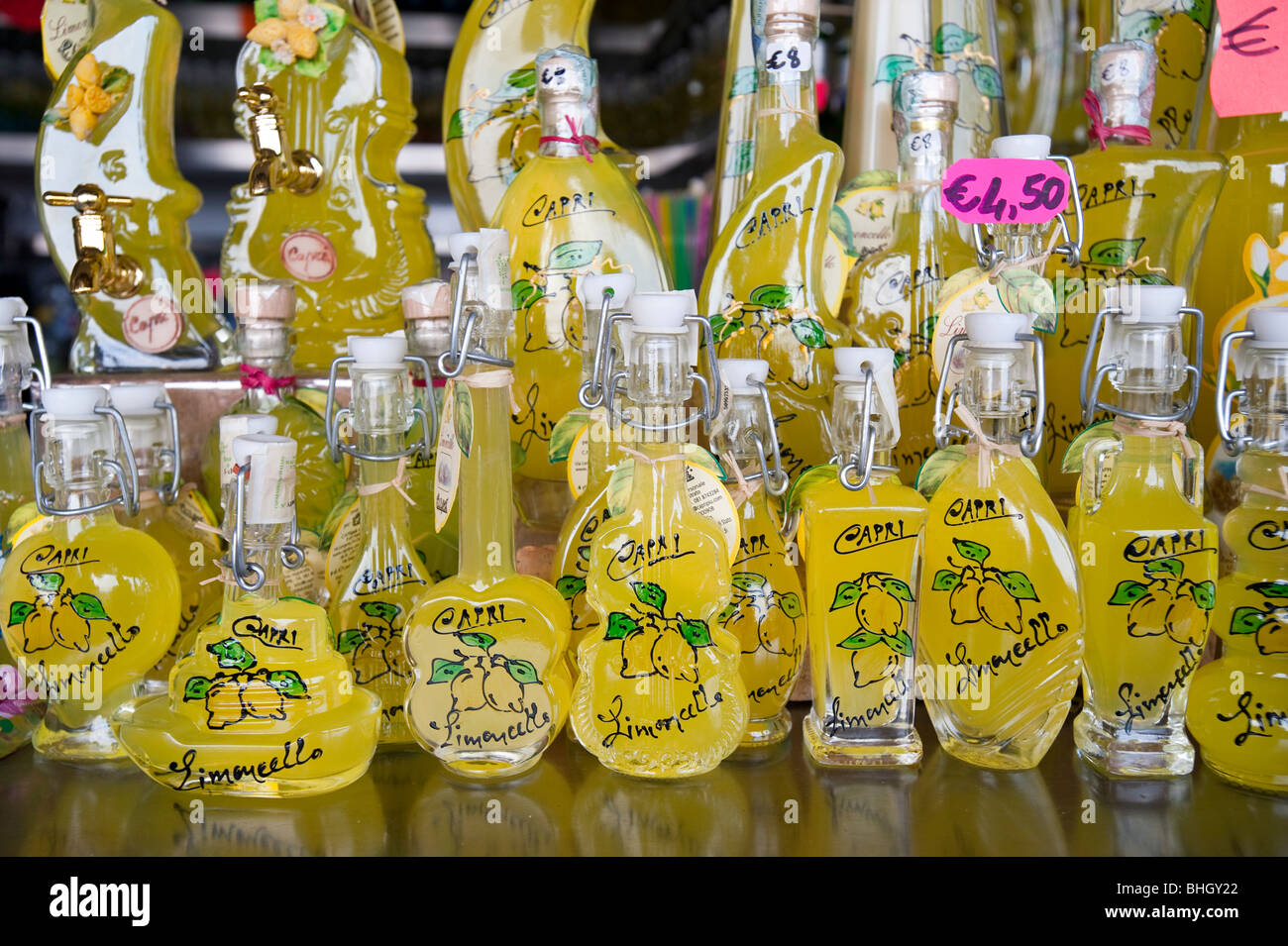 Souvenir Miniature Bottles of Limoncello, Island of Capri, Italy Stock