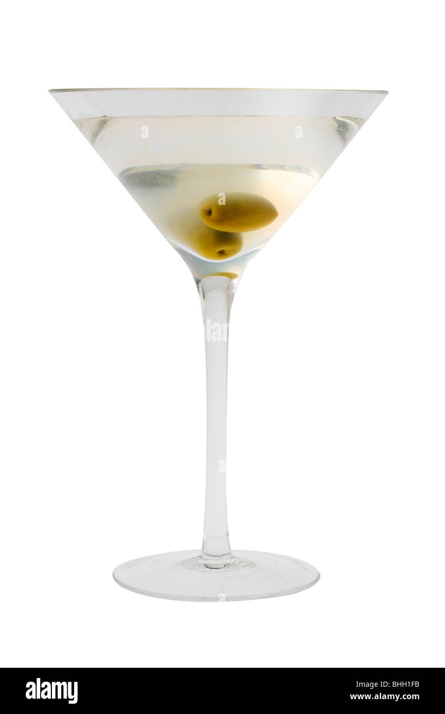 Dirty Martini mixed drink with olive garnish silhouetted on a white background Stock Photo